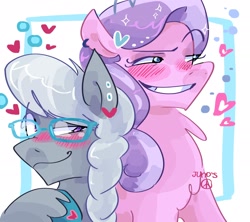 Size: 2048x1820 | Tagged: safe, artist:dmitrymemovznok, imported from derpibooru, diamond tiara, silver spoon, earth pony, pony, blushing, chest fluff, duo, glasses, heart, smiling, smirk