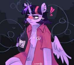 Size: 1280x1137 | Tagged: safe, artist:dmitrymemovznok, imported from derpibooru, twilight sparkle, alicorn, semi-anthro, alcohol, bags under eyes, blushing, bottle, chest fluff, drunk, drunk twilight, freckles, heart, sitting, solo, twilight sparkle (alicorn)