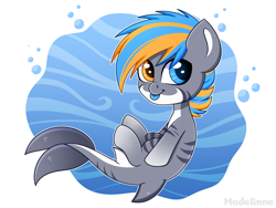 Size: 2000x1500 | Tagged: safe, artist:madelinne, imported from derpibooru, oc, oc only, original species, pony, shark, shark pony, bubble, chibi, digital art, dorsal fin, eye color change, fish tail, happy, heterochromia, ocean, signature, simple background, smiling, solo, swimming, tail, tongue out, two toned mane, underwater, water, white background