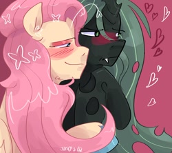 Size: 1280x1137 | Tagged: safe, artist:dmitrymemovznok, imported from derpibooru, fluttershy, queen chrysalis, changeling, pegasus, pony, blushing, duo, fangs, female, heart, lesbian, smiling, smirk