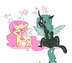 Size: 1280x1137 | Tagged: safe, artist:dmitrymemovznok, imported from derpibooru, fluttershy, queen chrysalis, changeling, flutter pony, pony, blushing, chrysashy, duo, female, floating heart, heart, lesbian, open mouth, open smile, shipping, simple background, sitting, smiling, species swap, white background