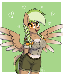 Size: 1866x2191 | Tagged: safe, artist:ponynamedmixtape, imported from derpibooru, oc, oc only, oc:sylvia evergreen, anthro, pegasus, braid, braided pigtails, breasts, chest fluff, clothes, female, freckles, hair tie, hands behind back, happy, heart, looking at you, pegasus oc, pigtails, ranger, short shirt, shorts, simple background, smiling, solo, uniform, wings