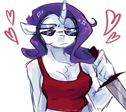 Size: 1280x1137 | Tagged: safe, artist:dmitrymemovznok, imported from derpibooru, rarity, anthro, unicorn, breasts, chest fluff, clothes, female, heart, knife, simple background, solo, sunglasses, white background