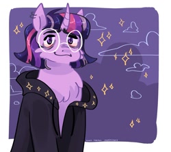 Size: 1280x1137 | Tagged: safe, artist:dmitrymemovznok, imported from derpibooru, twilight sparkle, pony, unicorn, bags under eyes, cape, chest fluff, clothes, glasses, round glasses, solo