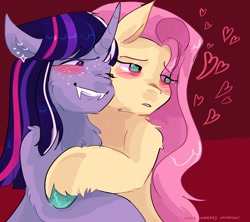 Size: 1280x1137 | Tagged: safe, artist:dmitrymemovznok, imported from derpibooru, fluttershy, twilight sparkle, pegasus, pony, unicorn, blushing, chest fluff, duo, ear piercing, fangs, female, freckles, heart, hug, lesbian, piercing, shipping, twishy, unshorn fetlocks