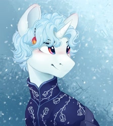 Size: 2599x2907 | Tagged: safe, artist:melodylibris, imported from derpibooru, oc, oc only, pony, unicorn, blushing, bust, clothes, ear blush, male, smiling, snow, snowfall, solo, stallion, turned head