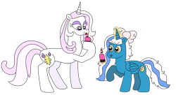 Size: 3125x1696 | Tagged: safe, artist:supahdonarudo, imported from derpibooru, fleur-de-lis, oc, oc:fleurbelle, alicorn, unicorn, bubble tea, concave belly, height difference, holding, levitation, magic, physique difference, raised hoof, simple background, slim, telekinesis, thin, transparent background