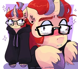 Size: 1280x1137 | Tagged: safe, artist:dmitrymemovznok, imported from derpibooru, moondancer, pony, unicorn, bags under eyes, blushing, clothes, ear piercing, female, glasses, hoodie, mare, piercing, solo, teary eyes, unshorn fetlocks