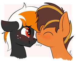 Size: 1182x955 | Tagged: safe, artist:ponynamedmixtape, imported from derpibooru, oc, oc only, oc:mixtape, oc:se, earth pony, pony, bust, duo, freckles, gay, kissing, male, nose kiss