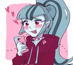 Size: 2048x1820 | Tagged: safe, artist:dmitrymemovznok, imported from derpibooru, sonata dusk, human, equestria girls, :3, blushing, cellphone, clothes, collar, heart, phone, smartphone, solo, spiked collar