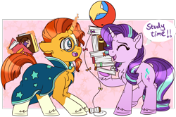 Size: 1550x1030 | Tagged: safe, artist:twittershy, imported from derpibooru, starlight glimmer, sunburst, pony, unicorn, book, chest fluff, cute, duo, eyes closed, female, glimmerbetes, hoof hold, kite, levitation, looking at each other, looking at someone, magic, male, mare, open mouth, open smile, smiling, smiling at each other, stallion, studying, sunbetes, telekinesis, that pony sure does love kites, unshorn fetlocks