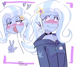 Size: 2048x1820 | Tagged: safe, artist:dmitrymemovznok, imported from derpibooru, trixie, human, equestria girls, :3, blushing, choker, clothes, heart, peace sign, pride, pride flag, smiling, solo, trans trixie, transgender, transgender pride flag