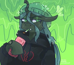 Size: 2048x1820 | Tagged: safe, artist:dmitrymemovznok, imported from derpibooru, queen chrysalis, anthro, changeling, arm hooves, clothes, fangs, frown, heart, smoking, solo