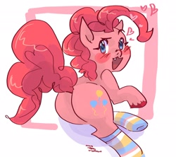 Size: 2048x1820 | Tagged: safe, artist:dmitrymemovznok, imported from derpibooru, pinkie pie, pony, balloonbutt, butt, clothes, heart, looking back, open mouth, plot, rear view, socks, solo, striped socks