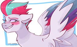 Size: 1280x782 | Tagged: safe, artist:dmitrymemovznok, imported from derpibooru, zipp storm, pegasus, pony, blushing, colored wings, eyebrows, female, g5, grin, looking at you, mare, multicolored wings, raised eyebrow, simple background, smiling, smiling at you, solo, spread wings, wings