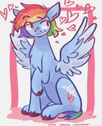 Size: 1040x1280 | Tagged: safe, artist:dmitrymemovznok, imported from derpibooru, rainbow dash, pegasus, pony, chest fluff, heart, short mane, sitting, solo