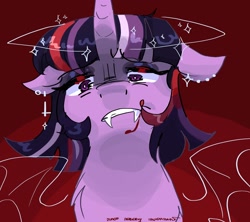 Size: 2048x1820 | Tagged: safe, artist:dmitrymemovznok, imported from derpibooru, twilight sparkle, pony, unicorn, bat wings, blood, circling stars, dizzy, fangs, solo, unicorn twilight, wings