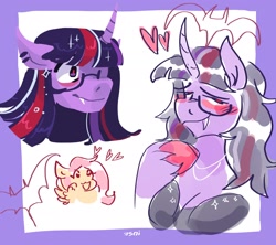 Size: 2048x1820 | Tagged: safe, artist:dmitrymemovznok, imported from derpibooru, fluttershy, twilight sparkle, anthro, pegasus, pony, unicorn, arm hooves, breasts, fangs, female, glasses, heart, lesbian, shipping, solo focus, twishy