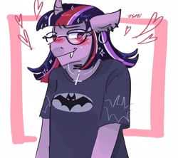 Size: 2048x1820 | Tagged: safe, artist:dmitrymemovznok, imported from derpibooru, twilight sparkle, anthro, unicorn, blushing, clothes, ear piercing, fangs, glasses, heart, jewelry, necklace, piercing, shirt, solo, t-shirt, unicorn twilight