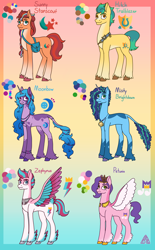 Size: 2160x3480 | Tagged: safe, artist:demiangelkat, imported from derpibooru, hitch trailblazer, izzy moonbow, pipp petals, sunny starscout, zipp storm, classical unicorn, earth pony, pegasus, pony, unicorn, alternate cutie mark, alternate design, alternate name, alternate new mane six (g5), bag, bracelet, cloven hooves, colored wings, concave belly, female, friendship bracelet, g5, gradient background, jewelry, leonine tail, long neck, male, mane five (g5), mare, misty brightdawn, multicolored wings, necc, necklace, physique difference, redesign, reference sheet, saddle bag, sash, skinny pipp, slim, spread wings, stallion, tail, thin, tiara, unshorn fetlocks, wings