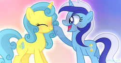 Size: 1280x664 | Tagged: safe, artist:purplepotato04, imported from derpibooru, lemon hearts, minuette, pony, unicorn, base used, boop, cute, deviantart watermark, eyes closed, female, lemonbetes, lesbian, minubetes, minuhearts, obtrusive watermark, open mouth, open smile, shipping, smiling, watermark