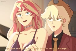 Size: 1024x690 | Tagged: safe, artist:majestyyph, imported from derpibooru, applejack, sunset shimmer, human, bare shoulders, breasts, busty sunset shimmer, cleavage, duo, female, humanized, sleeveless