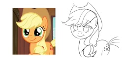 Size: 999x474 | Tagged: safe, artist:rainn__1026, imported from derpibooru, applejack, earth pony, pony, applejack's hat, cowboy hat, cute, female, hat, jackabetes, mare, redraw, screencap reference, sketch, smiling, solo