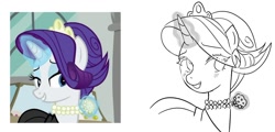 Size: 1025x491 | Tagged: safe, artist:rainn__1026, imported from derpibooru, rarity, pony, unicorn, the gift of the maud pie, alternate hairstyle, female, glowing, glowing horn, horn, jewelry, mare, necklace, redraw, screencap reference, simple background, sketch, smiling, solo, white background