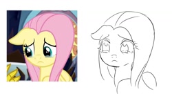 Size: 1141x621 | Tagged: safe, artist:rainn__1026, imported from derpibooru, fluttershy, pegasus, pony, the beginning of the end, female, floppy ears, frown, mare, redraw, sad, screencap reference, simple background, sketch, solo, teary eyes, white background