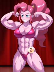 Size: 800x1067 | Tagged: safe, artist:tzc, imported from derpibooru, pinkie pie, equestria girls, abs, alternate hairstyle, biceps, bikini, bodybuilder, bodybuilding contest, breasts, clothes, commission, female, flexing, grin, muscles, muscular female, pink bikini, pink swimsuit, pinkie pump, ponytail, smiling, solo, swimsuit, thighs, thunder thighs