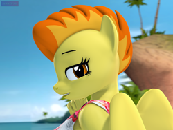 Size: 2880x2160 | Tagged: safe, artist:antonsfms, imported from derpibooru, spitfire, anthro, pegasus, 3d, alternate hairstyle, beach, clothes, commission, commissioner:lotsofcaps, day, eyelashes, female, folded wings, hair, hairstyle, high res, looking at you, makeup, necktie, outdoors, palm tree, smiling, smiling at you, solo, source filmmaker, suit, tree, wings