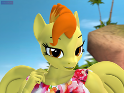 Size: 2880x2160 | Tagged: safe, artist:antonsfms, imported from derpibooru, spitfire, anthro, pegasus, 3d, alternate hairstyle, beach, clothes, commission, commissioner:lotsofcaps, day, eyelashes, female, folded wings, hair, hairstyle, high res, looking at you, makeup, necktie, outdoors, palm tree, smiling, smiling at you, solo, source filmmaker, suit, tree, wings