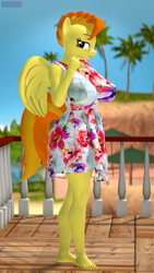 Size: 2160x3840 | Tagged: safe, artist:antonsfms, imported from derpibooru, spitfire, anthro, pegasus, plantigrade anthro, 3d, alternate hairstyle, barefoot, beach, bedroom eyes, breasts, busty spitfire, clothes, commission, commissioner:lotsofcaps, day, dress, eyelashes, feet, female, folded wings, hair, hairstyle, high res, lidded eyes, looking at you, makeup, necktie, outdoors, palm tree, seductive, seductive look, sexy, smiling, smiling at you, solo, source filmmaker, stupid sexy spitfire, suit, sundress, toes, tree, wings