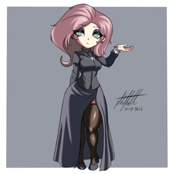 Size: 1000x1000 | Tagged: safe, artist:nlhetfield, imported from derpibooru, fluttershy, human, breasts, busty fluttershy, clothes, dress, eyeshadow, female, fluttergoth, gothic, humanized, light skin, looking at you, makeup, no pupils, signature, simple background, solo, stockings, thigh highs, wide hips