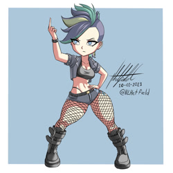 Size: 1000x1000 | Tagged: safe, artist:nlhetfield, imported from derpibooru, rarity, human, alternate hairstyle, belly button, big breasts, boots, breasts, busty rarity, cleavage, clothes, cutie mark on human, fishnets, hand on hip, humanized, light skin, middle finger, panties, punk, raripunk, shoes, simple background, studded bracelet, thong, underwear, vulgar, wide hips