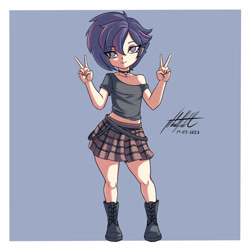 Size: 1000x1000 | Tagged: safe, artist:nlhetfield, imported from derpibooru, twilight sparkle, human, alternate hairstyle, boots, clothes, eye clipping through hair, humanized, light skin, no pupils, off shoulder, peace sign, plaid skirt, punk, punklight sparkle, shoes, simple background, skirt, solo