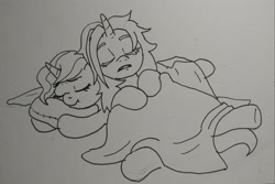 Size: 2048x1365 | Tagged: safe, artist:pony quarantine, imported from derpibooru, oc, oc only, oc:dyx, oc:nyx, alicorn, pony, blanket, duo, female, filly, foal, grayscale, monochrome, nap, pillow, siblings, sisters, sleeping, traditional art