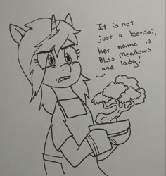 Size: 2073x2200 | Tagged: safe, artist:pony quarantine, imported from derpibooru, oc, oc:pine shine, pony, unicorn, apron, bonsai, clothes, dialogue, eye clipping through hair, female, grayscale, hoof gloves, hoof hold, mare, monochrome, solo, talking to viewer, traditional art