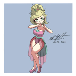 Size: 1000x1000 | Tagged: safe, artist:nlhetfield, imported from derpibooru, applejack, human, alternate design, alternate hairstyle, applejewel, big breasts, breasts, busty applejack, cleavage, clothes, cutie mark on human, dress, heart hands, high heels, humanized, leotard, light skin, looking at you, no pupils, shoes, smiling, smiling at you, wide hips