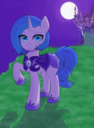 Size: 3500x4770 | Tagged: safe, artist:lilithnightstar, imported from derpibooru, oc, oc only, oc:ariana fil, pony, unicorn, armor, canterlot, canterlot castle, grass, grass field, horn, moon, moonlight, night, night guard, night guard armor, outdoors, smiling, solo, stars, unicorn oc