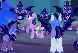 Size: 899x606 | Tagged: safe, imported from derpibooru, screencap, nightmare moon, rainbow dash, spike, twilight sparkle, alicorn, bat pony, dragon, pony, the cutie re-mark, alternate hairstyle, alternate timeline, armor, backpack, castle of the royal pony sisters, chestplate, colored eyelashes, ears back, ethereal hair, ethereal mane, ethereal tail, ever dusk, eye contact, eyeshadow, female, floppy ears, folded wings, frown, glare, gritted teeth, helmet, hoof shoes, horn, ink eclipse, jewelry, looking at each other, looking at someone, makeup, male, mare, moody blue, moonmist, night guard, night guard dash, nightmare takeover timeline, peytral, raised hoof, regalia, royal guard, slit pupils, spread wings, stallion, starry hair, starry mane, starry tail, tail, tail hole, teeth, toxicwind, twilight sparkle (alicorn), wide eyes, wings