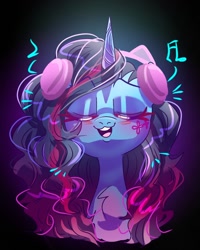 Size: 1080x1350 | Tagged: safe, artist:jully-park, imported from derpibooru, pony, unicorn, black background, cornrows, digital art, g5, headphones, misty brightdawn, music notes, simple background, solo