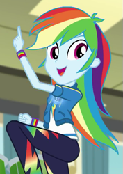 Size: 425x599 | Tagged: safe, imported from derpibooru, screencap, rainbow dash, human, equestria girls, equestria girls series, overpowered (equestria girls), cropped, eyebrows, female, geode of super speed, glowing, magical geodes, open mouth, open smile, raised leg, smiling, solo