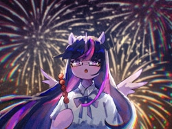 Size: 2160x1620 | Tagged: safe, artist:lendftcn, imported from derpibooru, twilight sparkle, alicorn, semi-anthro, clothes, female, film grain, fireworks, food, glasses, hoof hold, mare, shirt, solo, twilight sparkle (alicorn)