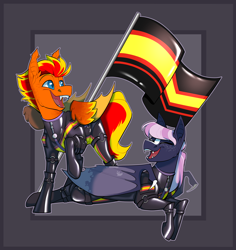 Size: 3300x3500 | Tagged: safe, artist:parrpitched, imported from derpibooru, oc, oc:fireheart(fire), oc:nurse lavender blossom, bat pony, pony, clothes, couple, duo, flag pole, gloves, kink, latex, latex boots, latex gloves, latex suit, pride, pride flag, prisoners of the moon, rubber, rubber pride, rubber pride flag, rubber suit, zipper