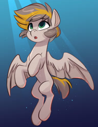 Size: 2208x2880 | Tagged: safe, artist:siroc, imported from derpibooru, oc, oc only, pegasus, pony, belly, blue background, brown mane, bubble, concave belly, crepuscular rays, digital art, green eyes, high res, looking up, male, ocean, open mouth, pegasus oc, simple background, slim, solo, spread wings, stallion, sunlight, swimming, thin, underwater, water, wings