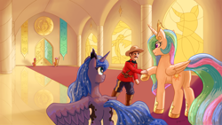 Size: 3840x2160 | Tagged: safe, artist:swordsmen, imported from derpibooru, princess celestia, princess luna, oc, alicorn, human, pony, unicorn, carpet, ceiling, commission, ethereal mane, flowing mane, guard, hallway, moon, outfit, pillar, royal guard, spread wings, starry mane, sun, throne room, wings