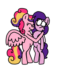 Size: 1275x1414 | Tagged: safe, artist:professorventurer, imported from derpibooru, pipp petals, oc, oc:sugar rush, alicorn, pegasus, pony, alicorn oc, bipedal, do not want, g5, help me, horn, hugging a pony, pippamena, tsundere, varying degrees of want, want, wings