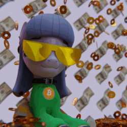 Size: 1080x1080 | Tagged: safe, artist:the luna fan, imported from derpibooru, oc, oc:cosmia nebula, 3d, animated, bill, bitcoin, blender, blender cycles, choker, clothes, coin, glasses, gold, looking at you, money, skirt, smiling, sound, sweater, webm