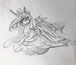 Size: 2048x1738 | Tagged: safe, artist:cosmickelpie, imported from derpibooru, princess celestia, alicorn, pony, cloud, crown, jewelry, looking at you, lying down, lying on a cloud, on a cloud, regalia, sketch, solo, traditional art